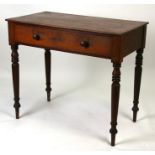 A Victorian mahogany side table with single frieze drawer, on tapering ring turned legs, 85cms (