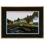A Japanese woodcut print depicting houses in a landscape scene, indistinctly signed and dated 1980