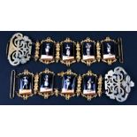 A continental gilt metal and porcelain panel belt with eight rectangular panels decorated with