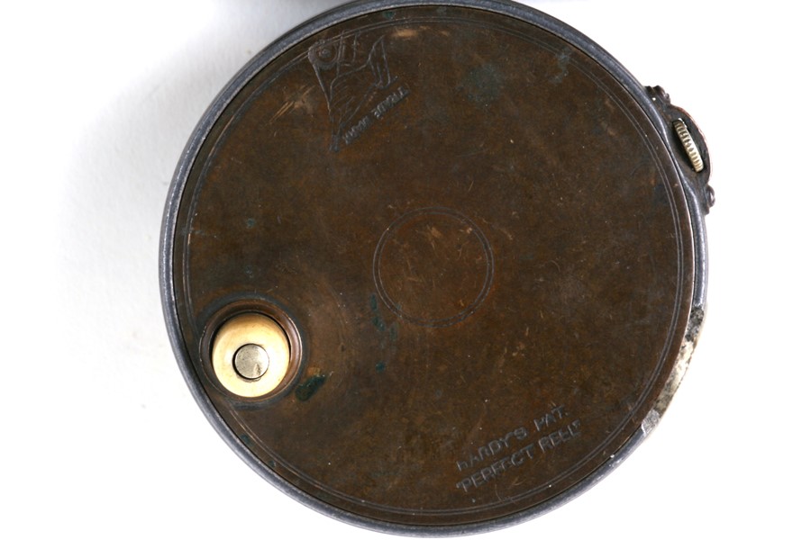 A Hardy Perfect brass faced 3 inch fly reel, with 3/4 inch wide drum, ivory handle and agate line - Image 2 of 9