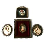 A group of four portrait miniatures, a lady wearing a feathered hat, a lady wearing a pink dress,