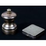 A silver 'Peter Piper' pepper / salt grinder and a silver powder compact. (2)