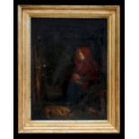 In the manner of Erskine Nicol - Portrait of an Old Woman in a Red Shawl with a Dog at her Feet -