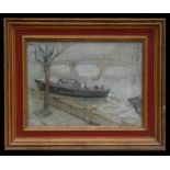 Mary Dixon - River Scene with a Boat on the Foreshore - pastel, label to verso, framed & glazed,