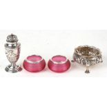 A pair of ribbed cranberry glass and silver rimmed salts, Birmingham 1900; together with a Victorian