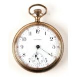 A Waltham open faced pocket watch with white enamel dial having Arabic numerals and subsidiary