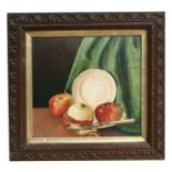 Early 20th century English school - Still Life of Apples & a Plate - oil on board, framed, 30 by