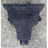A cast iron rain hopper dated '1878', 34cms (13.5ins) wide.