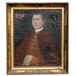 19th century English school - a half length portrait of a gentleman wearing a red velvet coat and