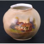 A Royal Worcester blush ivory vase decorated with Anne Hathaway's cottage, 6.5cms (2.5ins) high.