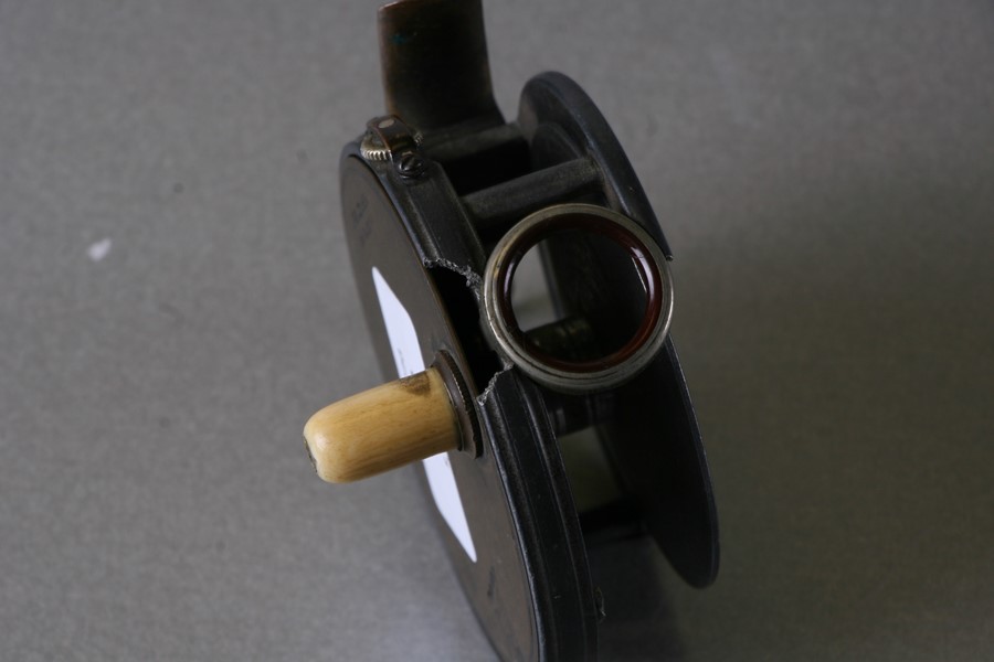 A Hardy Perfect brass faced 3 inch fly reel, with 3/4 inch wide drum, ivory handle and agate line - Image 8 of 9