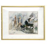 Modern American - City Scape Scene with Lion Statues - indistinctly signed & dated '88, watercolour,