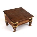 A 19th century elm offertory or collection box with brass strap work, 38cms (15ins) wide.