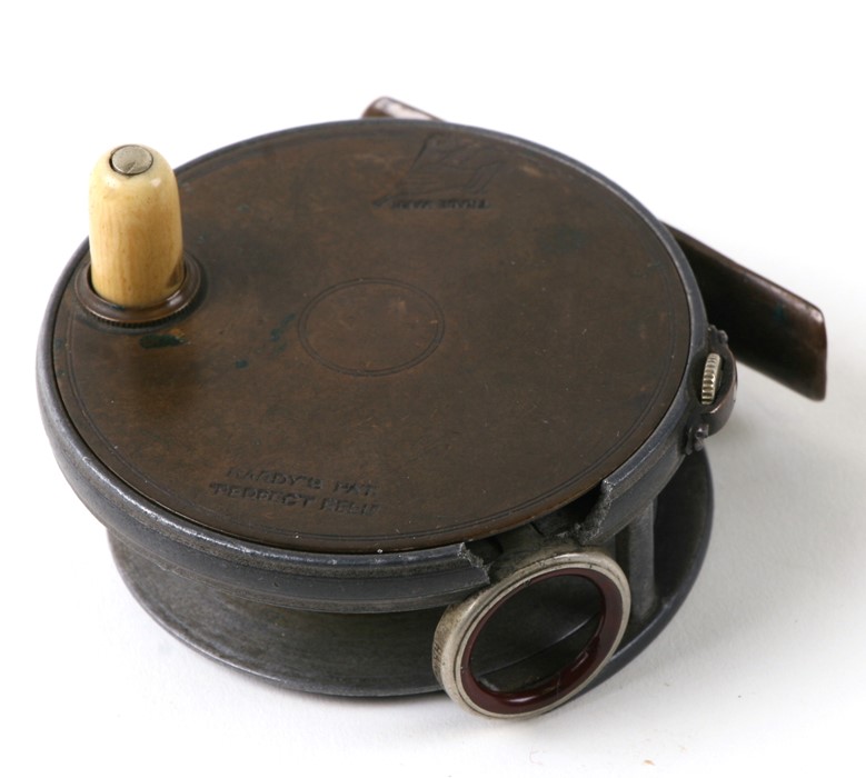 A Hardy Perfect brass faced 3 inch fly reel, with 3/4 inch wide drum, ivory handle and agate line - Image 4 of 9