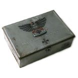 A WWI German military tin box, the lid inscribed 'Kriegserinnerungen 1914-15', 35cms (13.75ins)