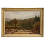 Late 19th century school - River Scene - oil on canvas, framed, 52 by 34cms (20.5 by 13.25ins).