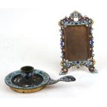 A late 19th century brass,champleve enamel and pietra dura decorated chamber stick together with a