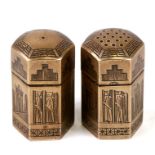 A Persian silver salt and pepper of hexagonal form decorated with stylised figures, 5cms (2ins)
