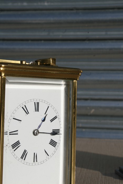 A brass cased repeater carriage clock, the white enamel dial with Roman numerals, the movement - Image 5 of 7