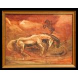 20th century modern British - Galloping Horses - oil on canvas laid on board, framed, 50 by 37cms (