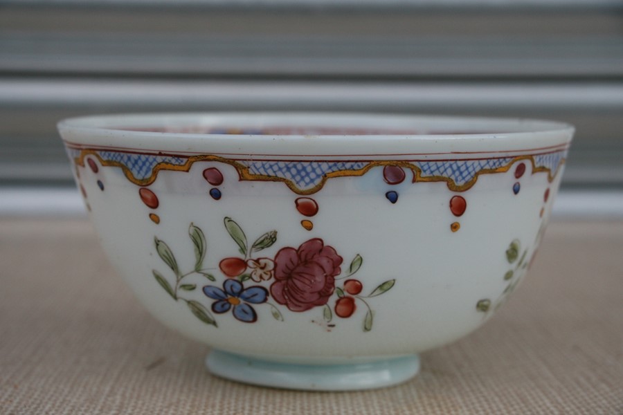 An 18th century enamelled milk glass slop bowl with Chinese style decoration, possibly Bristol, - Image 3 of 7