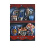 Modern British - Still Life of Items on a Shelf - oil on board, unframed, 20 by 30cms (8 by 12ins).