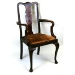 A carver chair with drop in seat on cabriole front legs together with a stool (2)