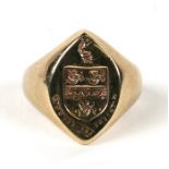 A 9ct gold signet ring with heraldic style crest. Approx. UK size N. 8.3gCondition ReportGood