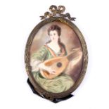 A portrait miniature depicting a young lady playing a lute, Mrs Arabella Hunt inscribed to verso,