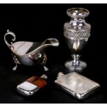 A continental silver vase, 20cms (8ins) high, 287g; together with a silver hip flask, 157g; a silver