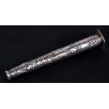 An ornate continental silver seal top needle case decorated classical figures. 10cm (4 ins) high