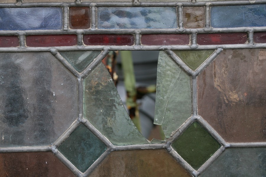 Two stained glass panels in an oak frame, 174 by 86cms (68.5 by 34.5ins) two similar framed - Image 7 of 10