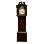 A 19th century longcase clock with a 34cms (13.5ins) square arched painted dial, Roman numerals,