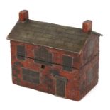 A folk art style perfume caddy in the form of a cottage, interior fitted with a pair of flashed