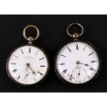 Two silver cased open faced pocket watches, both with white enamel dial, Roman numerals and