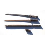 Three British 1907 pattern Bayonets and one leather scabbard, all a/f