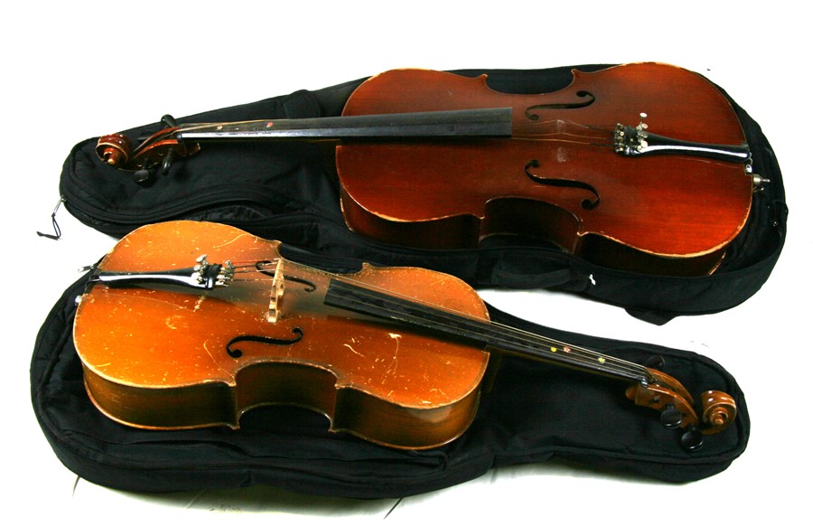 A cello with one-piece back, in a soft carry case, 122cms (48ins) high; together with another