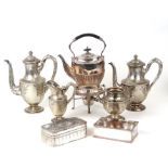 A Walker & Hall silver plated spirit kettle on stand; together with a four-piece silver plated
