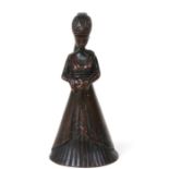 A bronze bell cast in the form of a lady in medieval costume, 12cms (4.75ins) high.