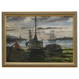 R Viccavi (modern British) - Harbour Scene with a Boy in a Boat to the Foreshore - oil on board,