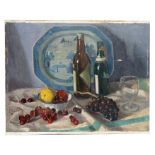 20th century English century - Still Life of Grapes, Glass, Wine Bottles & Fruit on a Table - oil on