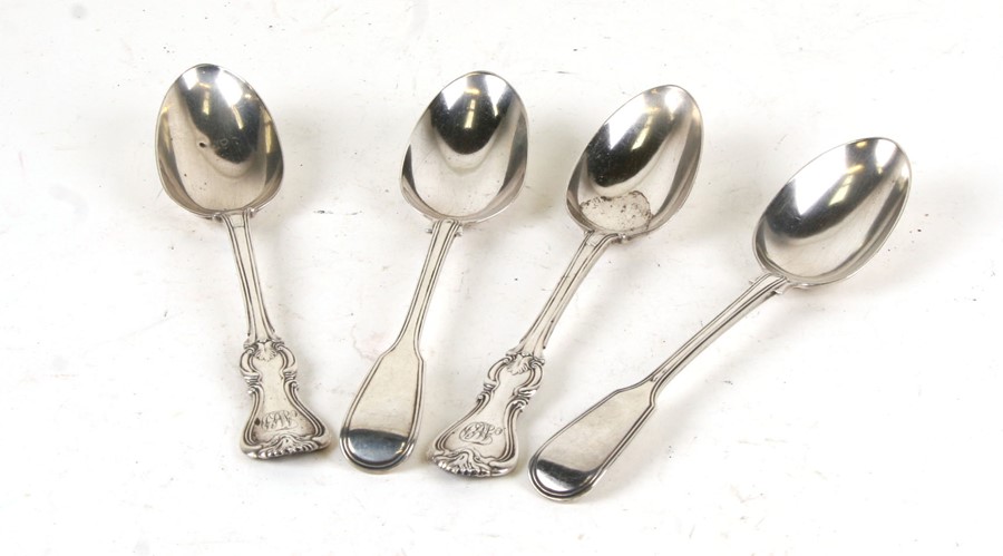 A pair of 19th century silver tablespoons, London 1890; together with a similar pair, London 1861,