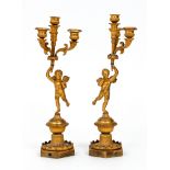 Pair of French 3-light gilded Putti Candelabra