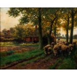 Henri Houben painting The Shepherd Leading the Flock past a Cottage