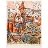 Henry Koerner 1971 hand colored etching J & L Steelmill