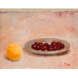 Irving Block 1969 oil Lemon and Cherries on a Pewter Plate