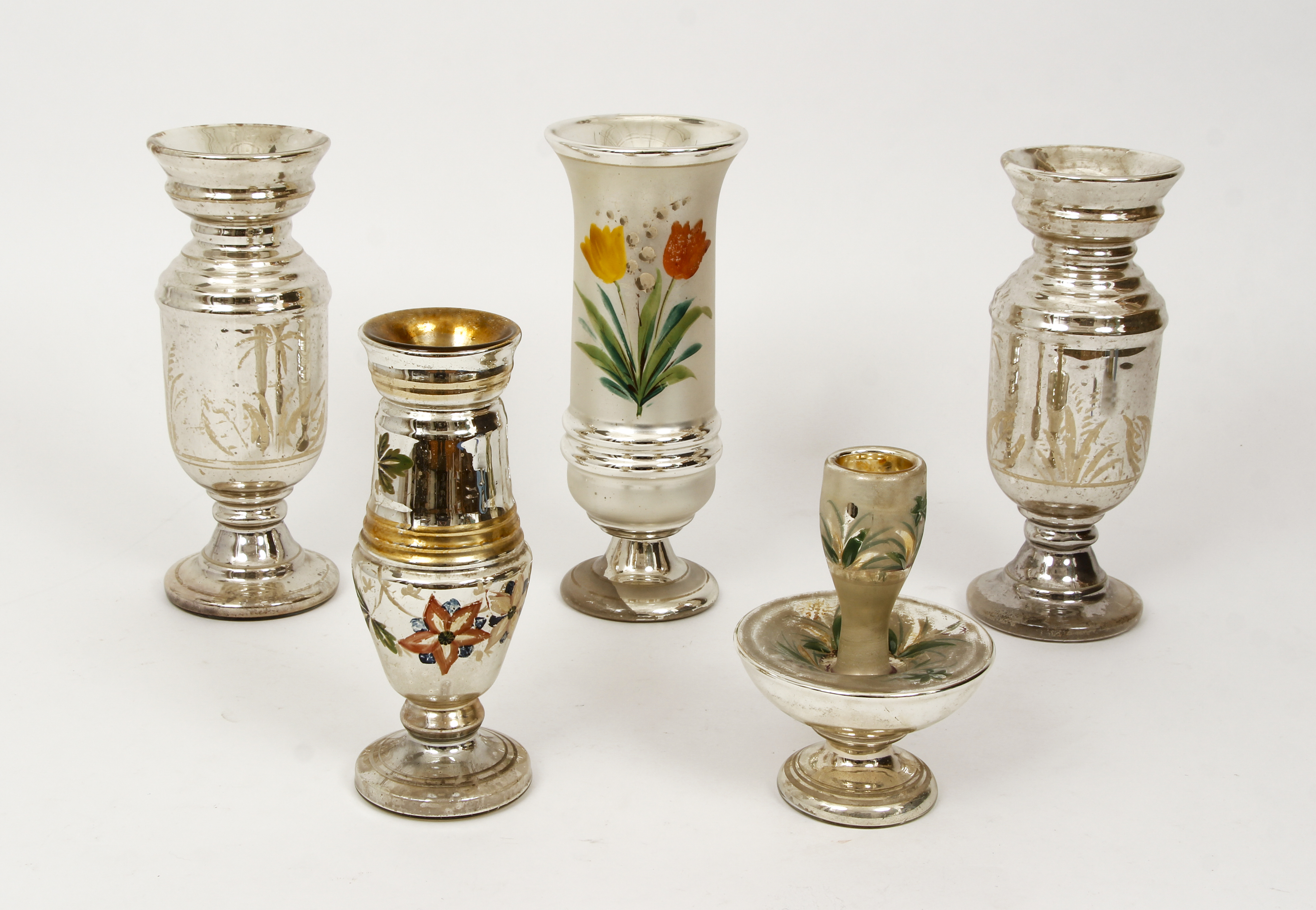 5 Mercury Glass objects with painted decoration