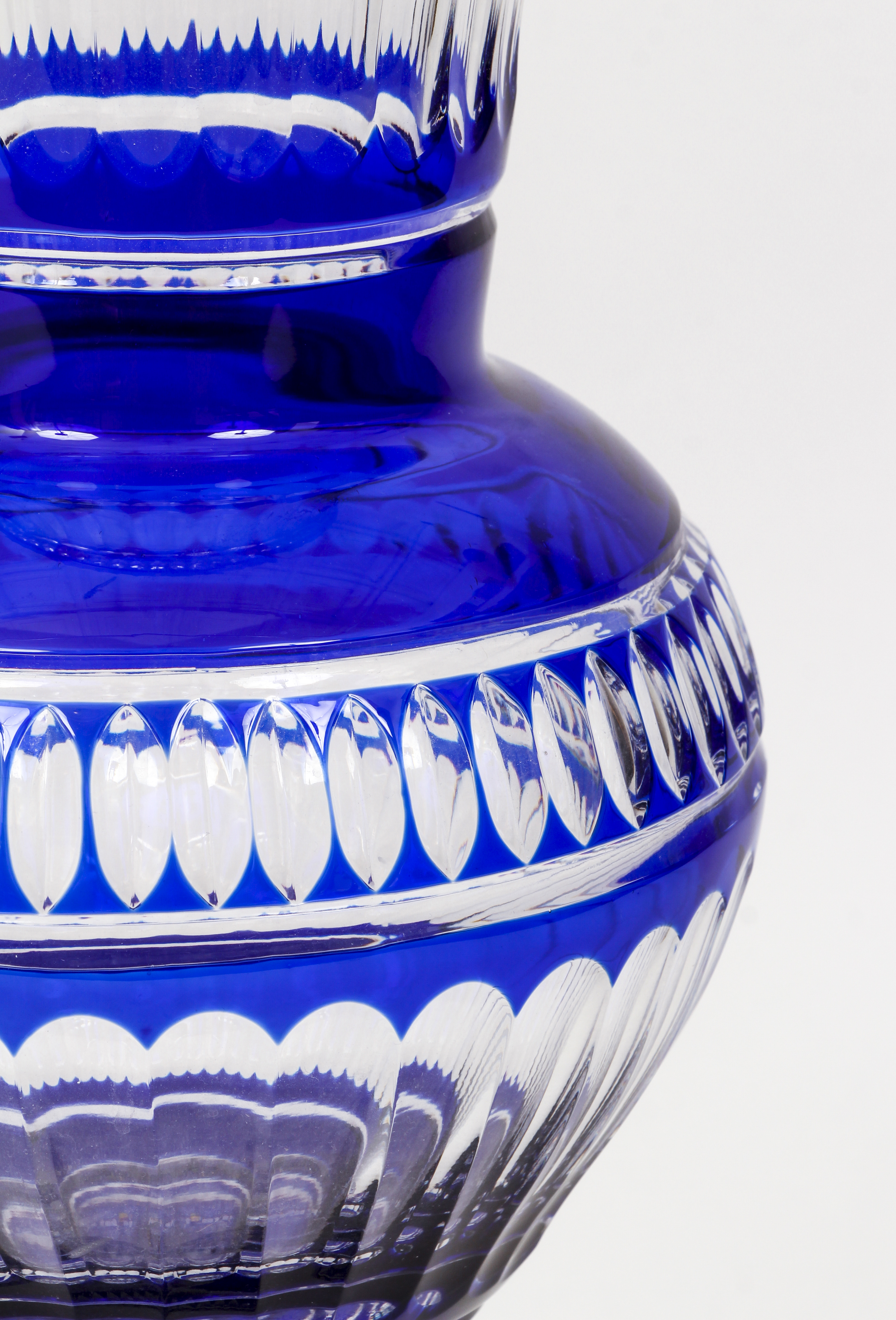 Pair Large Bohemian Cobalt Cut-to-Clear Glass Vases - Image 3 of 5