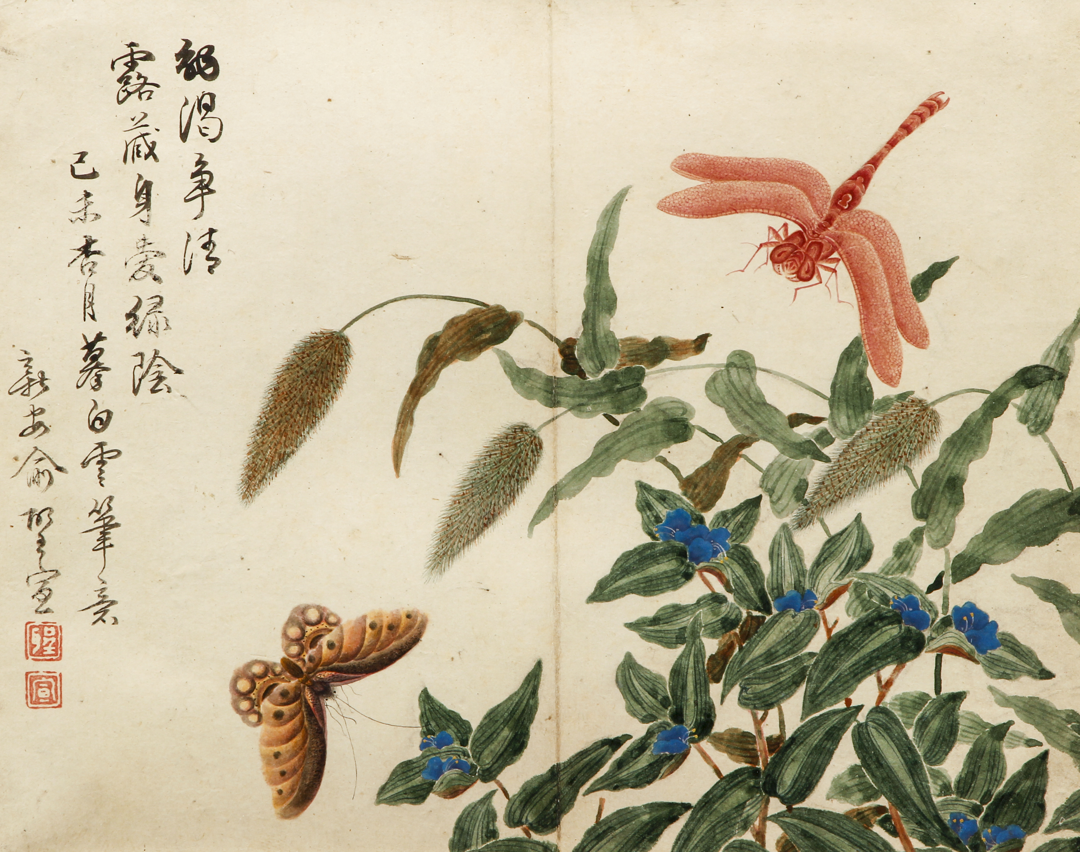 Chinese Watercolor c.1820 Butterfly Dragonfly