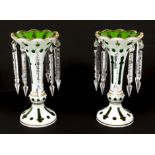 Pair Bohemian Art Glass Emerald Cut to Clear Milk Vases